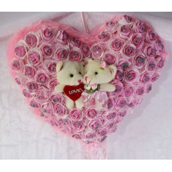 Pink Imported Roses Plush Heart with Cute Love Couple Teddy Bears